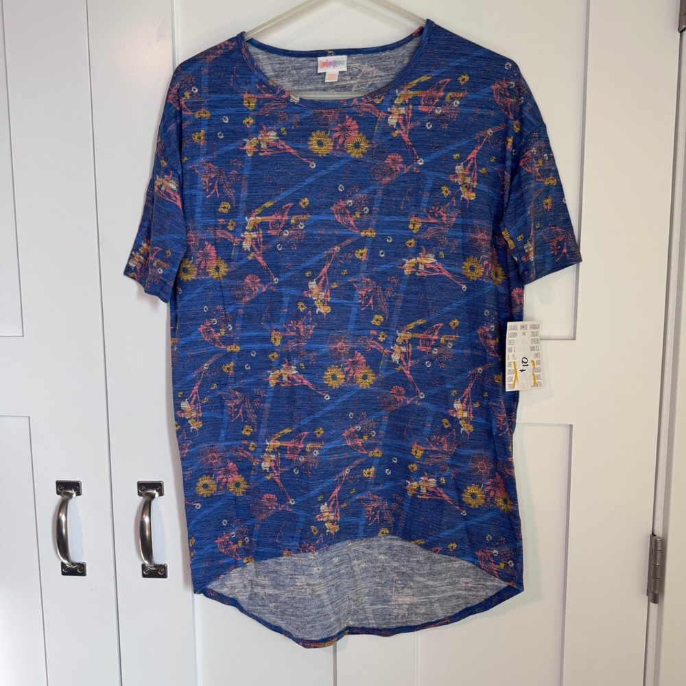 NWT LuLaRoe Irma Oversized Tee Women's Sz XXS Cotton Blend Heathered Blue Floral